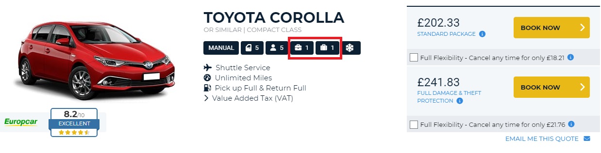 Auto Europe Booking engine - discover the storage capacity for each car hire category